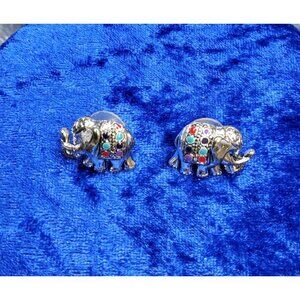 vintage silver tone good luck elephant multicolor enamel dots earrings